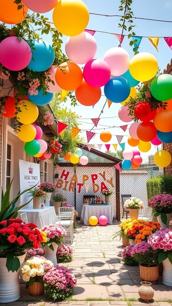 Colorful decorations for a 2nd birthday summer party featuring balloons, flowers, and a birthday banner.