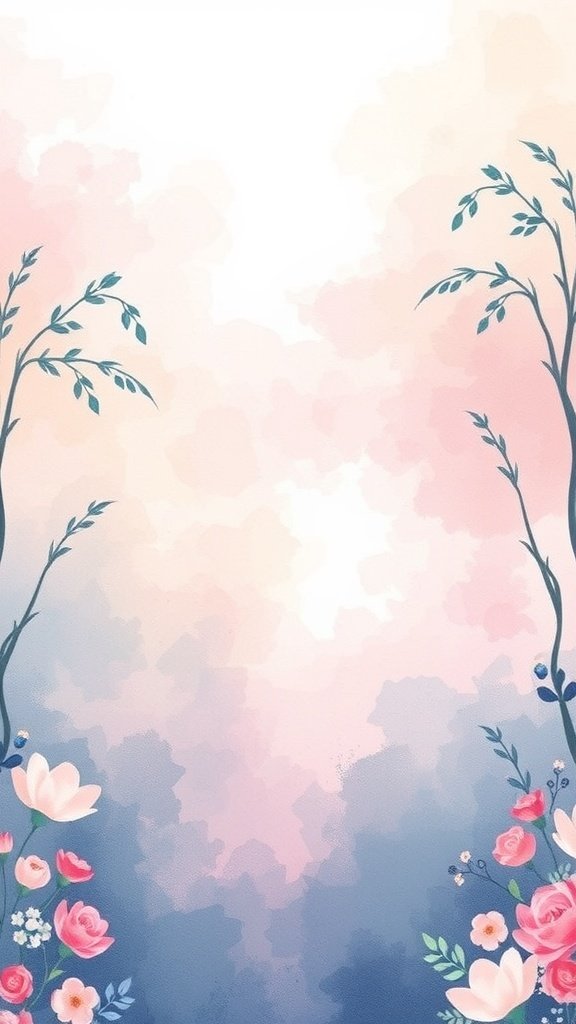 A whimsical watercolor background featuring soft pink and blue clouds with floral accents.