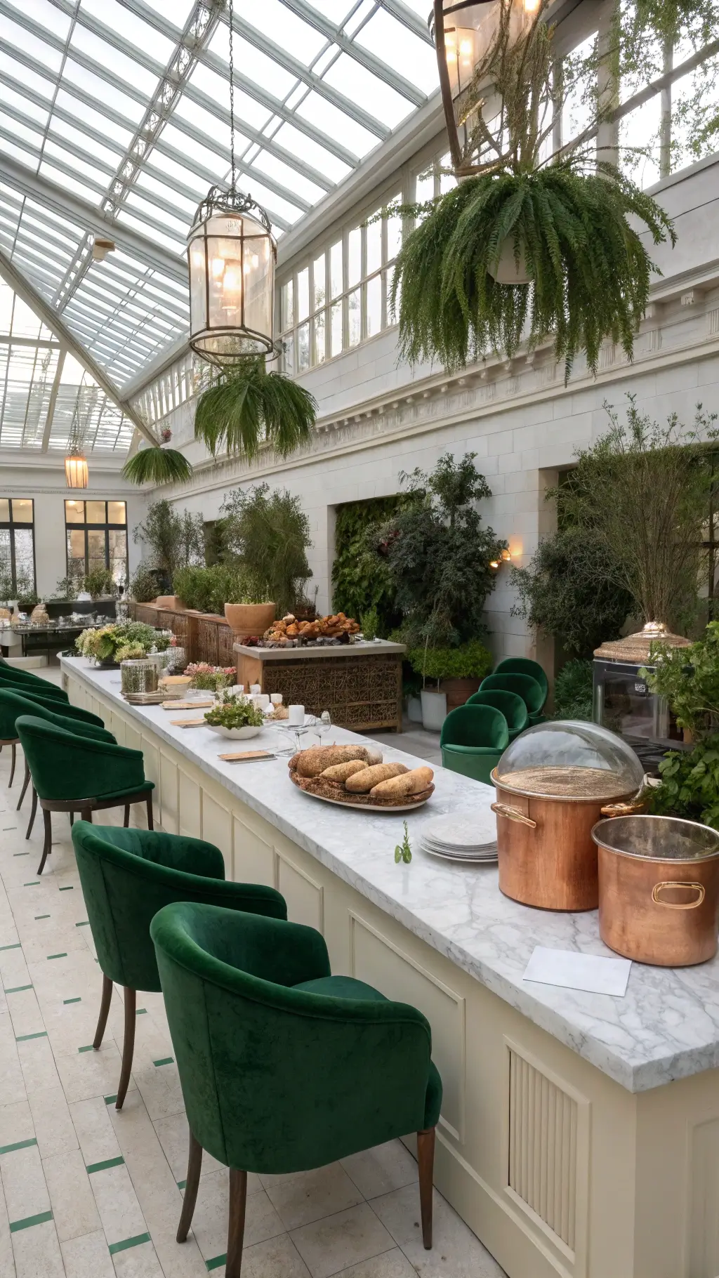 Elegant indoor conservatory with glass ceiling; features a white marble soup station with copper tureens and artisan breads, surrounded by sage velvet chairs and glass tables set with gold flatware; potted plants and brass lights add warmth and greenery. fall baby shower food ideas