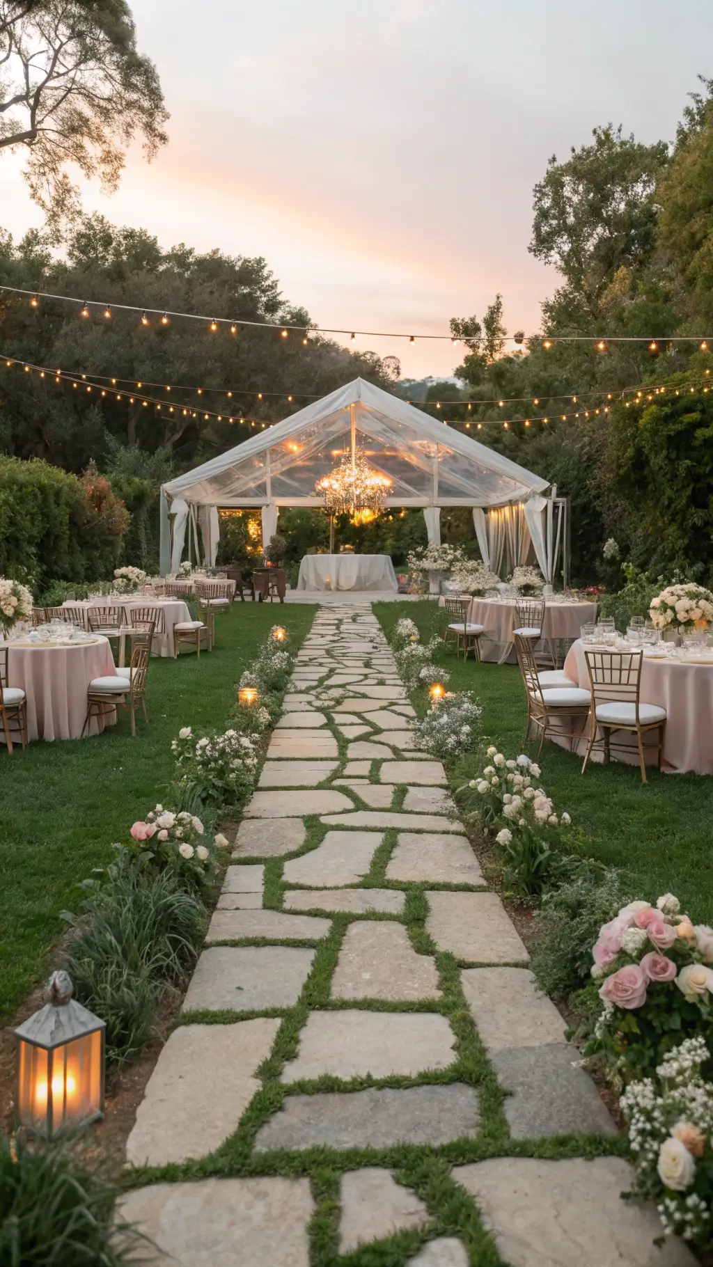 A romantic garden wedding at sunset, featuring stone pathways leading to a reception under a clear-top tent with chandeliers and fairy lights. Tables with blush chiffon runners and pastel floral centerpieces, gold flatware, and pink chargers are softly lit by candlelight, with golden light filtering through the tent.