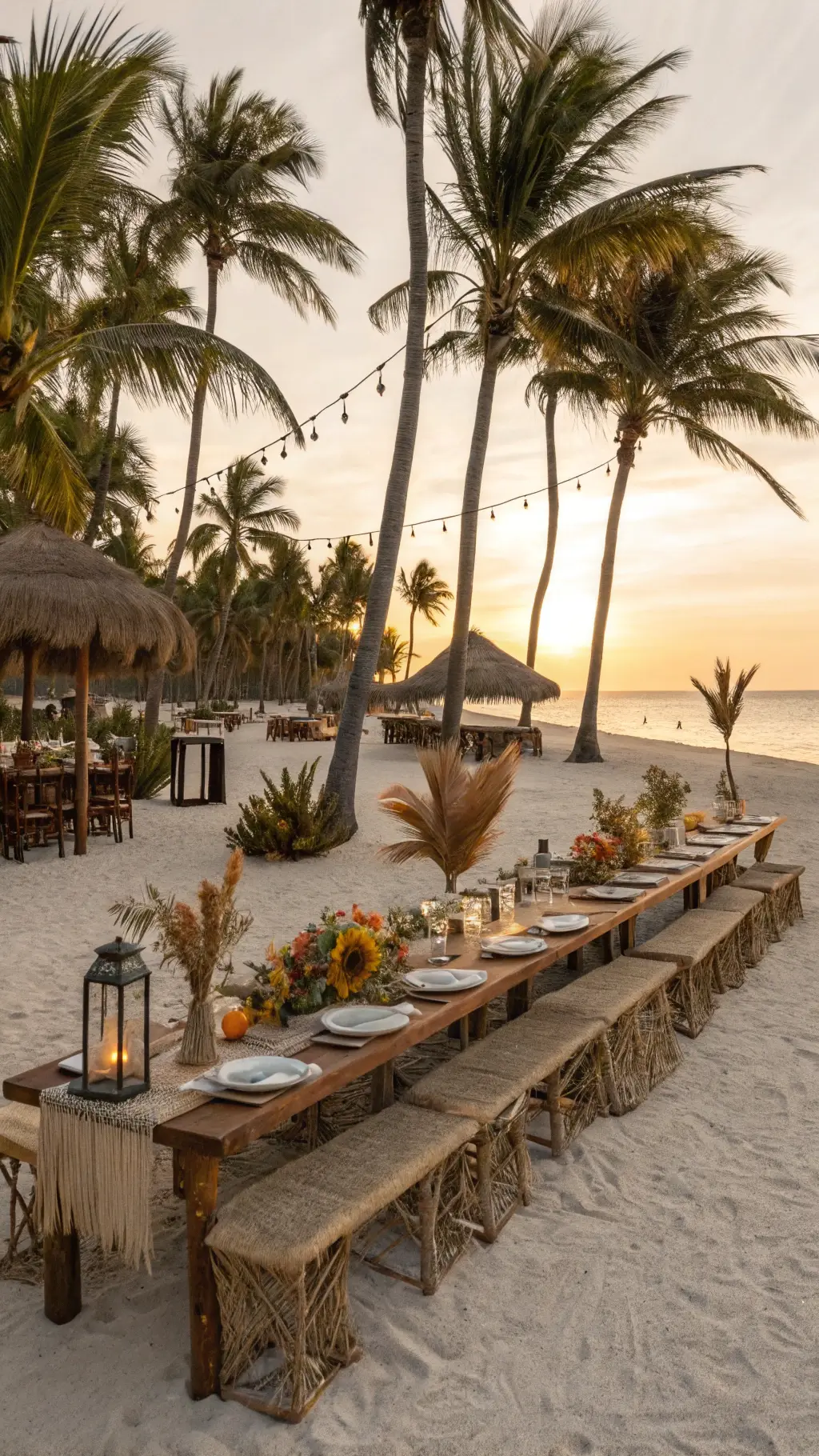 Bohemian beach celebration setup with curved wooden tables on white sand, surrounded by palm trees, featuring wildflower centerpieces in copper and brass, colored glass lanterns, macramé runners, and rattan chargers, with a dried palm fronds and pampas grass canopy, lit by the sunset's warm glow.