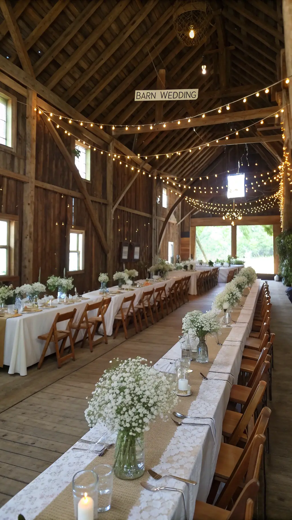 Wide-angle view of a rustic barn wedding setup featuring exposed wooden beams adorned with string lights and mason jars filled with daisies and Queen Anne's lace. Long tables with burlap runners have floral arrangements in vintage milk jugs and metal containers, surrounded by wooden cross-back chairs. Natural light fills the space, highlighting the countryside charm.