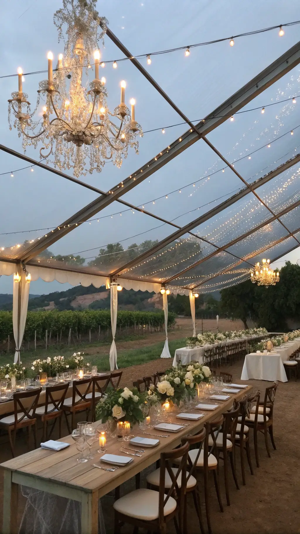 An intimate vineyard reception in a clear-top tent at twilight with crystal chandeliers, twinkle lights, long farm tables with ivory runners, floral centerpieces, vintage brass candlesticks, and gold-rimmed chargers, set against a backdrop of vines and mountains.