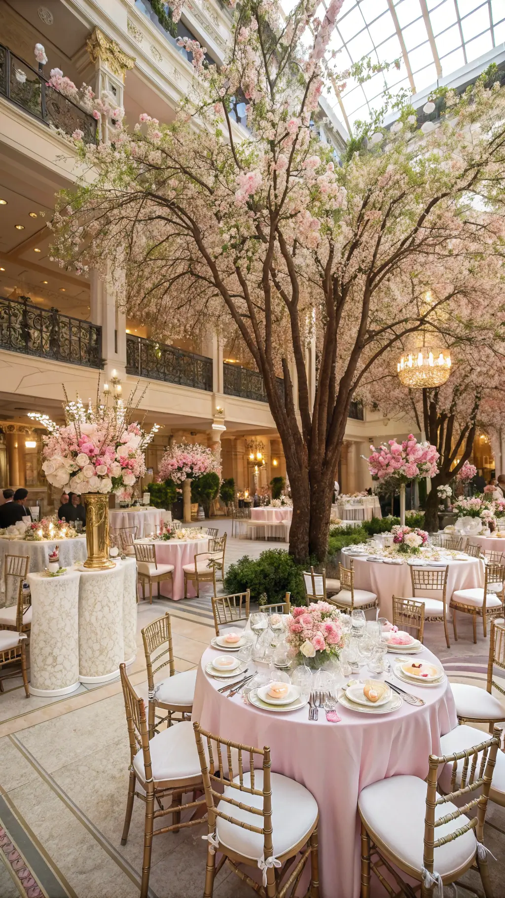 A luxurious ballroom transformed into a spring garden with cherry blossom trees, round tables with white linens, blush floral centerpieces, ghost chairs with pink cushions, and gold chargers with calligraphed place cards, viewed from a balcony perspective.