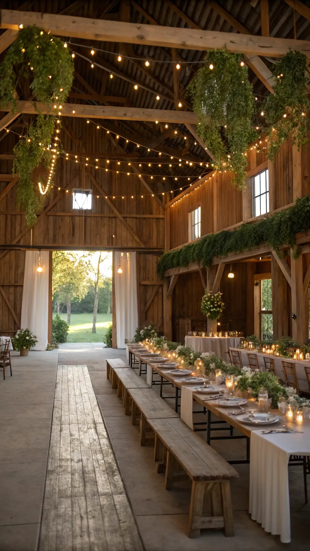 Rustic barn reception at sunset with wooden beams, Italian rattan lights, and greenery; tables set with stone chargers, copper flatware, and sage napkins; wildflower centerpieces and brass candlesticks. may wedding ideas spring