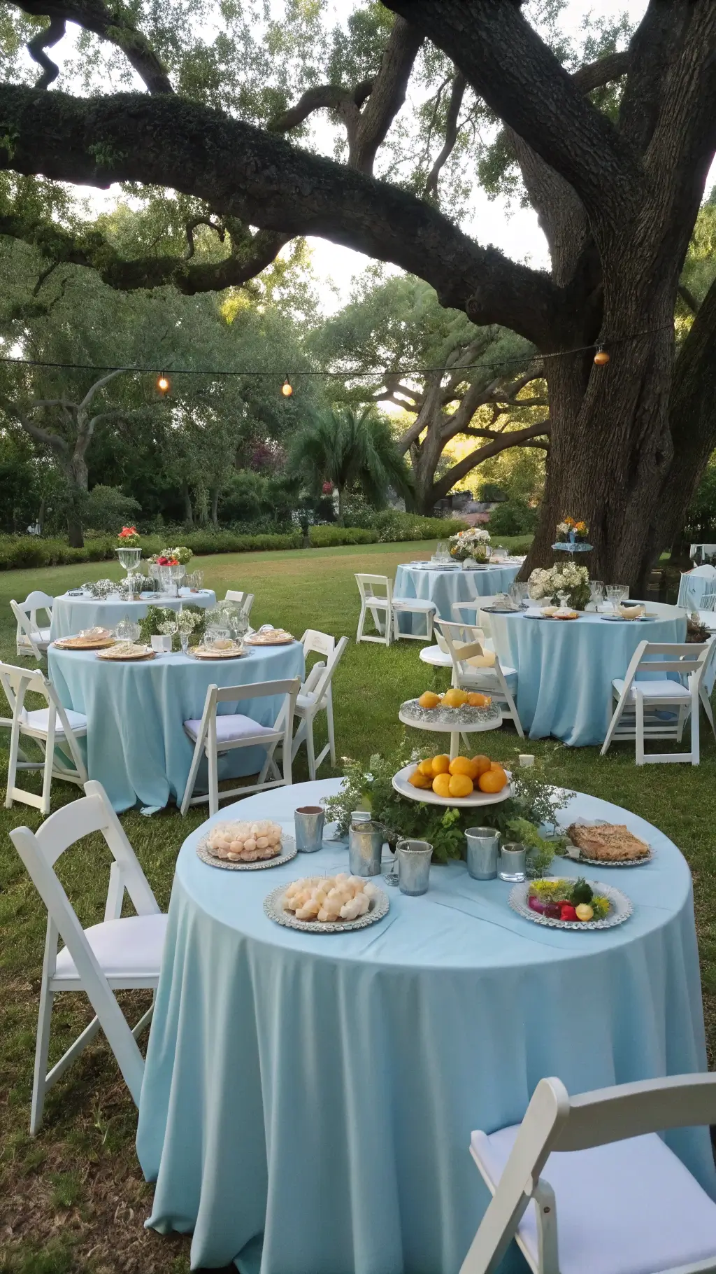 A picturesque garden brunch reception under mature oak trees, featuring round tables with pale blue silk linens, herb centerpieces in silver cups with citrus fruits, white garden chairs with blue cushions, and vintage serve ware with pastries and fruit in soft mid-morning light. may wedding ideas spring