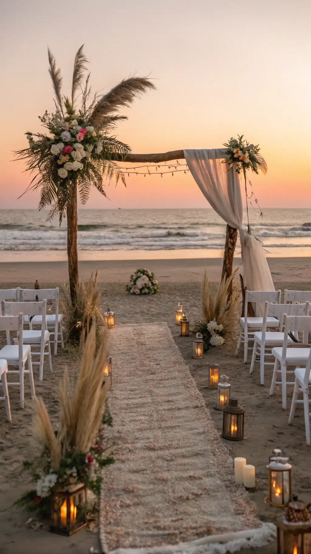 A side-angle view of a twilight beach ceremony showcasing a natural wood arch adorned with pampas grass, protea, and silk ribbons against a pink-orange sunset sky. The aisle features hurricane lanterns and organic florals, with ghost chairs accented by ivory sheepskin throws, set against an ocean backdrop with visible waves. may wedding ideas spring