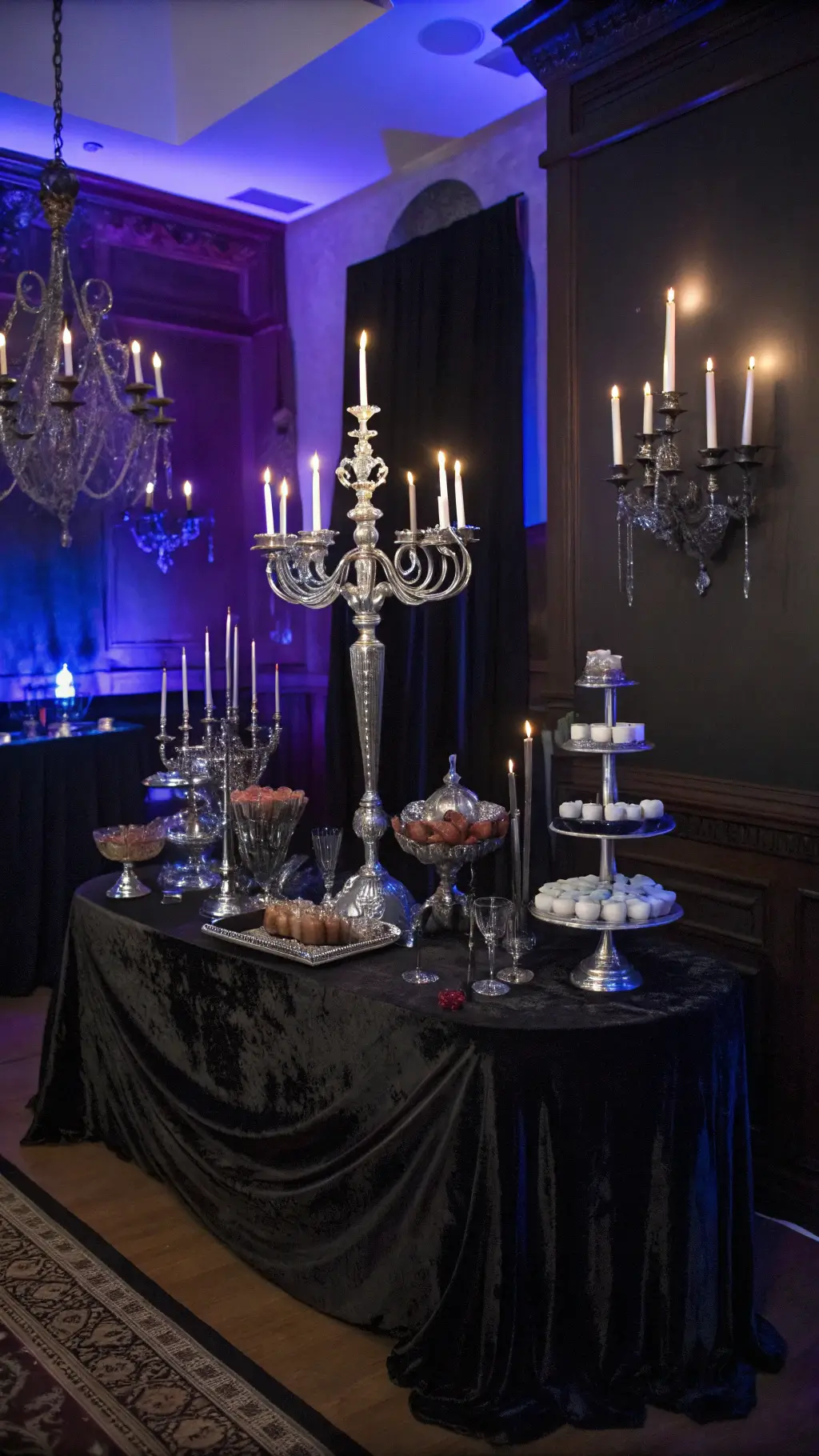 A dimly lit Victorian dining room with a black velvet-draped dessert table, silver candelabras, ghost marshmallow pops, dry ice fog, and crystal chandeliers casting a haunting atmosphere.