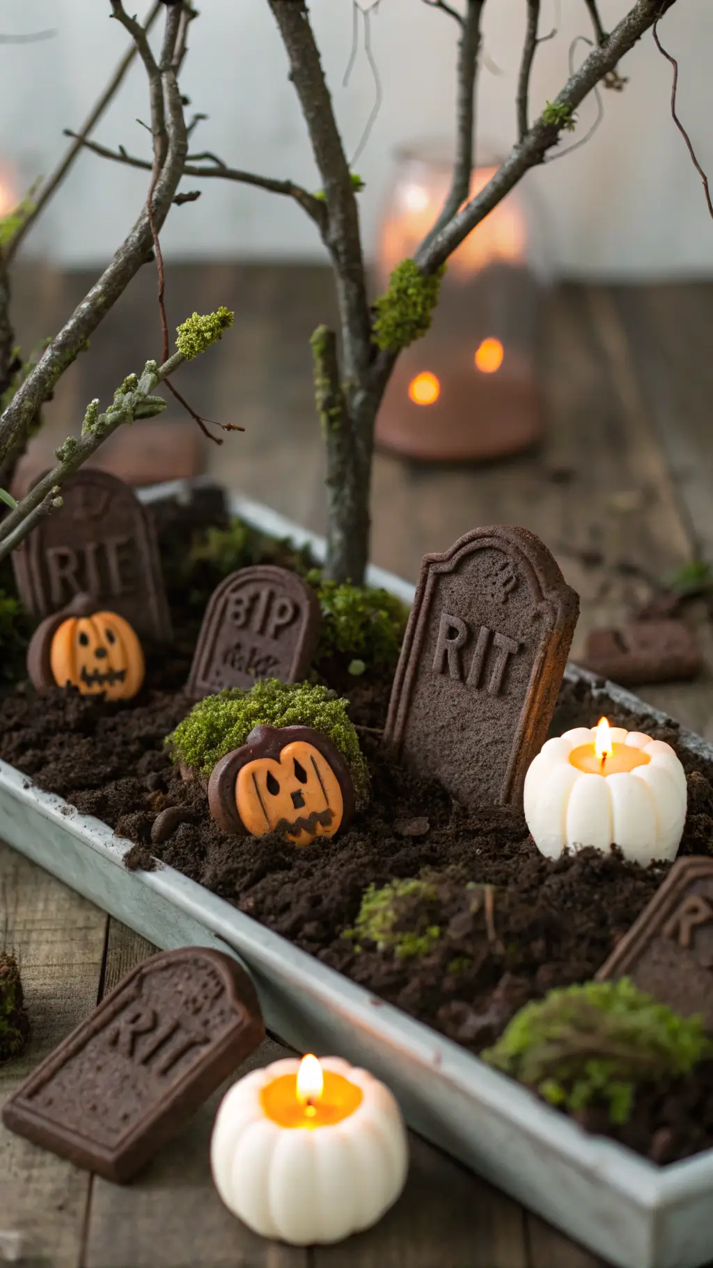 A detailed tabletop scene featuring chocolate cookie headstones in Oreo dirt, fondant zombies, LED-lit jack-o'-lanterns, and white chocolate mummy truffles.