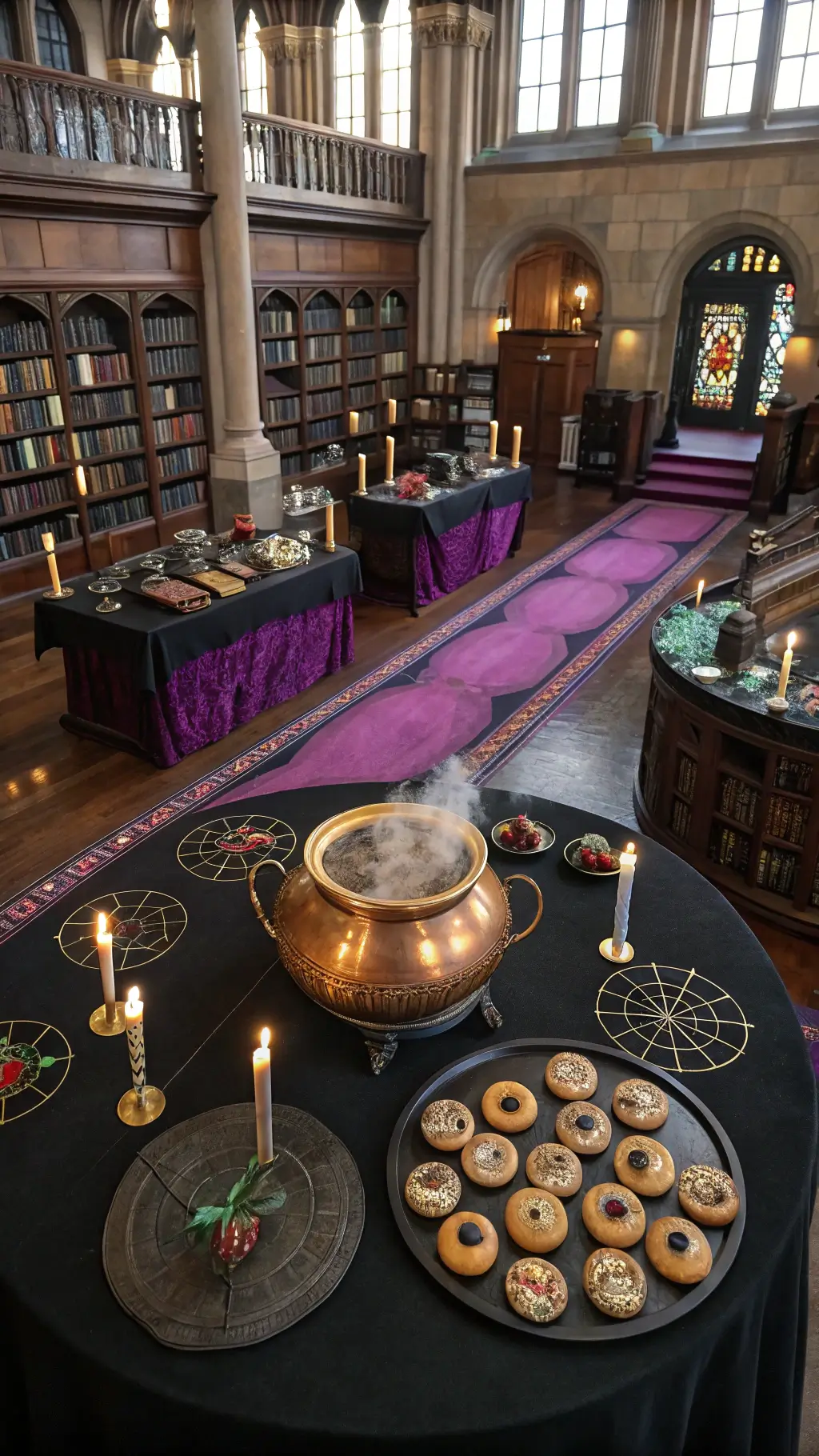 Overhead view of a Gothic library with a massive round table featuring a smoking copper cauldron centerpiece, surrounded by eyeball cookies on black plates. Purple velvet runners spiral outwards with vintage potion bottles and votives, under colorful stained glass light patterns.