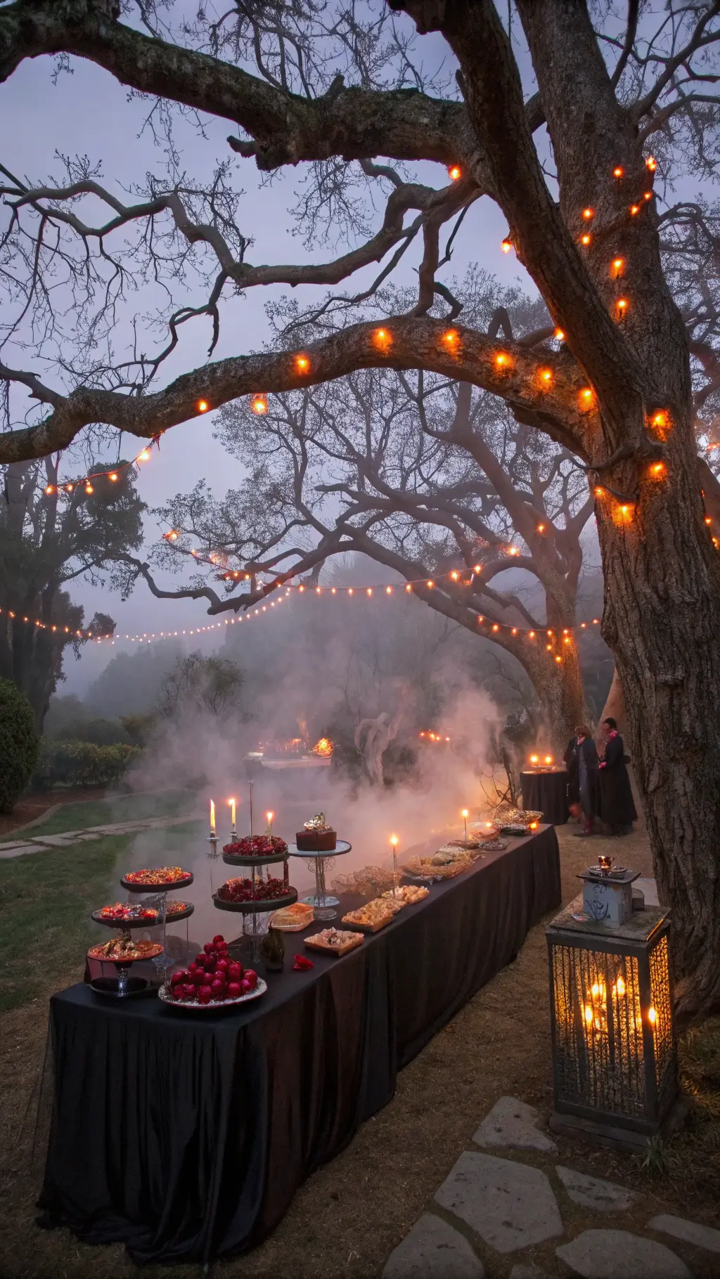Twilight garden party with bare trees and orange fairy lights, floating dessert table with organza drape, fog from smoke machines, vintage stands with red candied apples, chocolate treats, wide-angle view, dusky purple sky through branches.