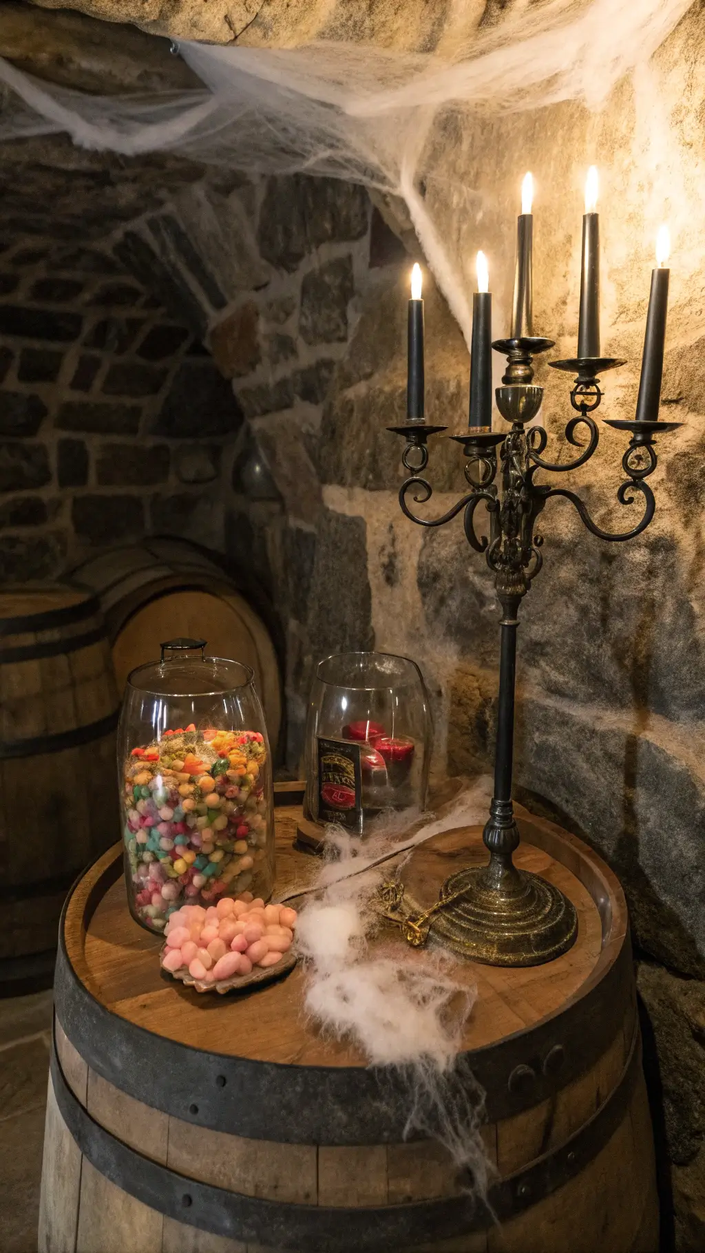 An atmospheric stone-walled wine cellar with a dessert display on a wooden barrel top, featuring aged brass candlesticks with black tapers, colorful candy jars, and cotton candy webs, all illuminated by moody lighting.