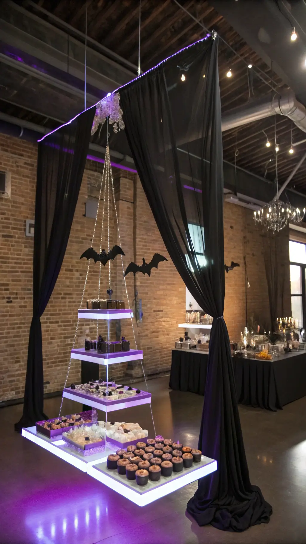 A modern industrial loft with floor-to-ceiling black drapes features a suspended, floating acrylic dessert table glowing with purple LED lights, adorned with geometric arrangements of ghost marshmallow pops and dark chocolate treats on mirrored platforms, with silhouettes of hanging paper bats against strategic backlighting.