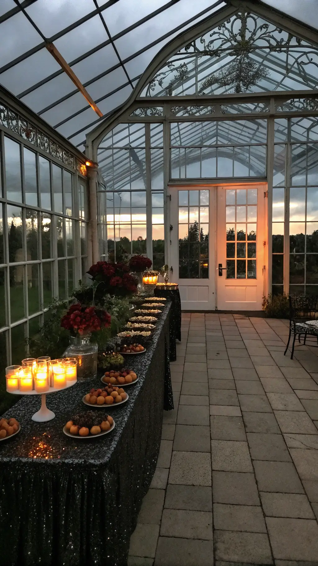 A greenhouse conservatory at dusk showcases stormy skies through iron-framed windows, with tables covered in black sequined linens and tiered treats on wrought iron stands. Fresh dark roses and thorny branches adorn the Halloween desserts, while hundreds of amber tea lights add a warm glow.
