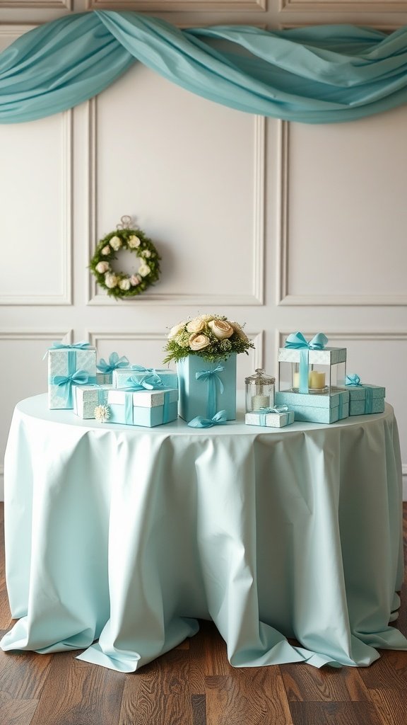 Aqua themed gift table display for a bridal shower with wrapped gifts, flowers, and candles.