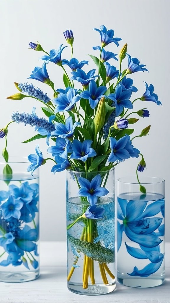 Aquatic flower arrangements featuring blue flowers in clear vases with water