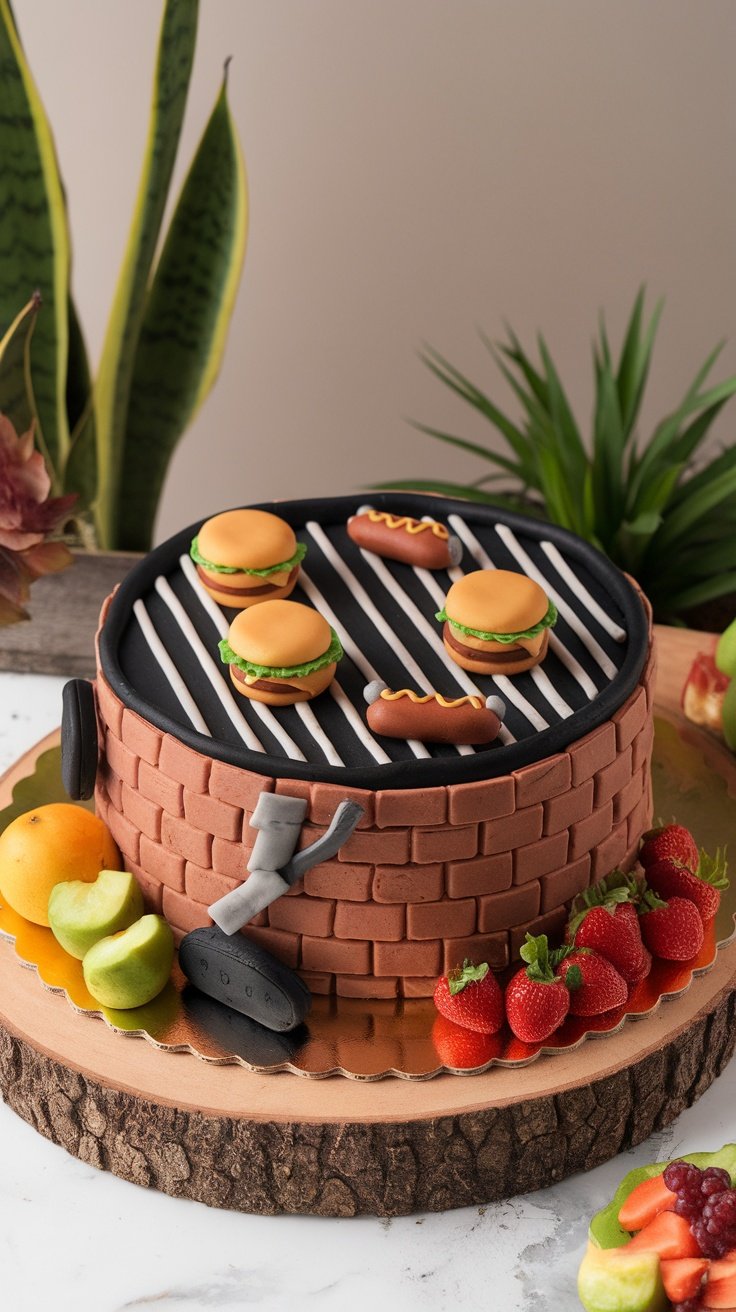 A barbecue themed cake designed to look like a grill, complete with fondant burgers and hotdogs.