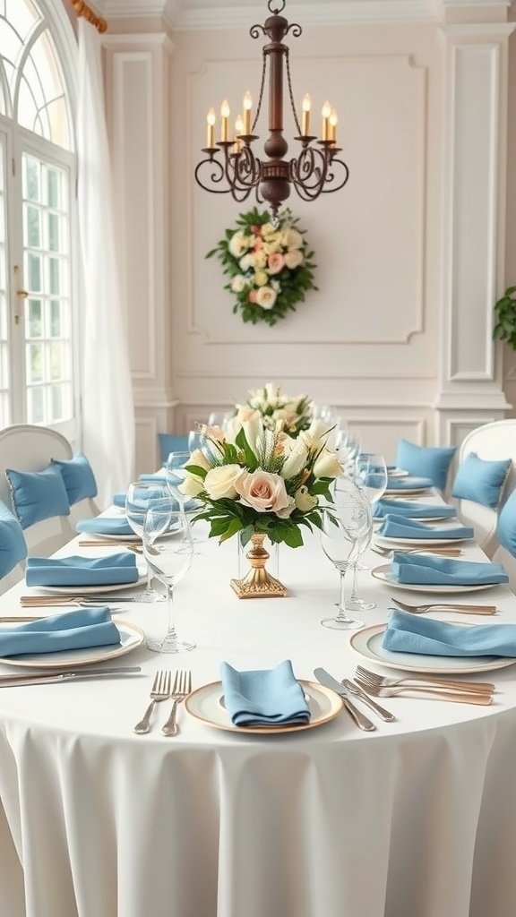 Elegant table setting with blue and white linens, featuring a floral centerpiece.