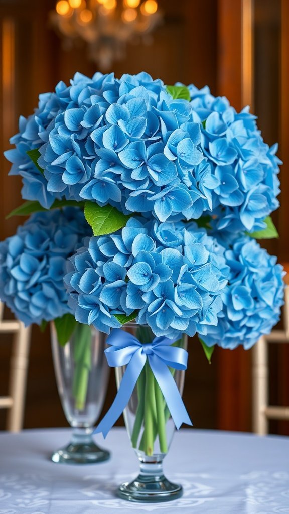Vase filled with blue hydrangeas decorated with a blue ribbon