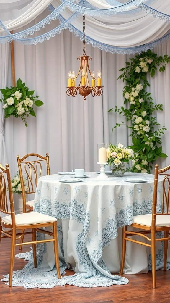A beautifully set table with a blue lace tablecloth, elegant chairs, and a chandelier, perfect for a bridal shower.