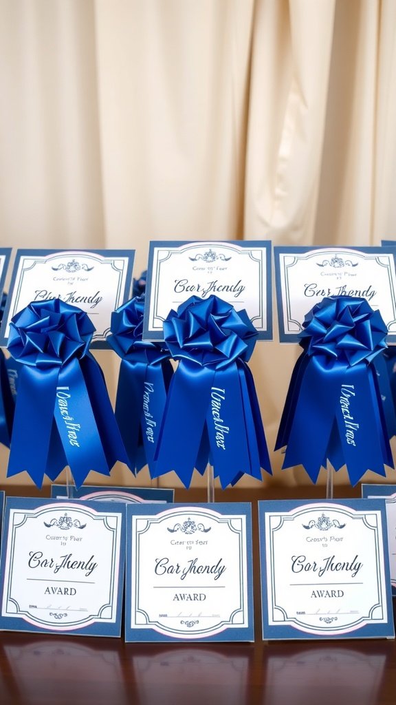 Blue ribbon awards displayed on a table
