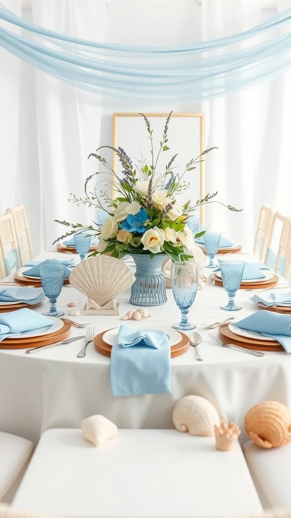 A beautifully decorated bridal shower table with coastal-inspired decor, featuring blue accents and floral arrangements.