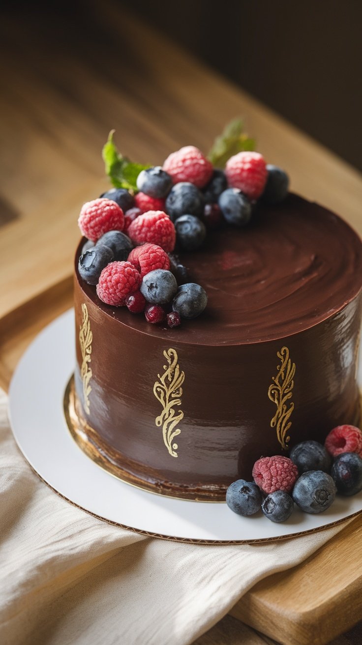 Luxury Dark Chocolate Ganache Cake topped with fresh berries