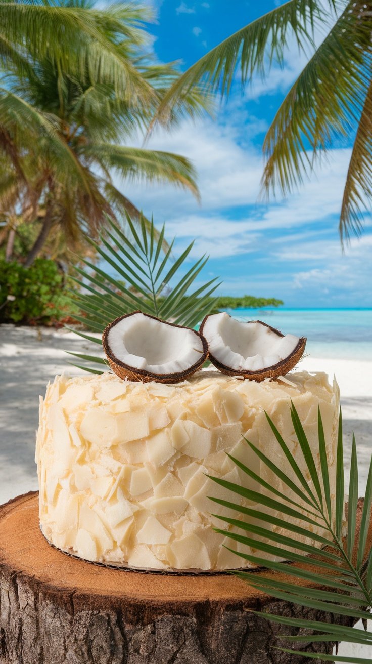 A tropical coconut rum cake on a wooden base surrounded by palm leaves.
