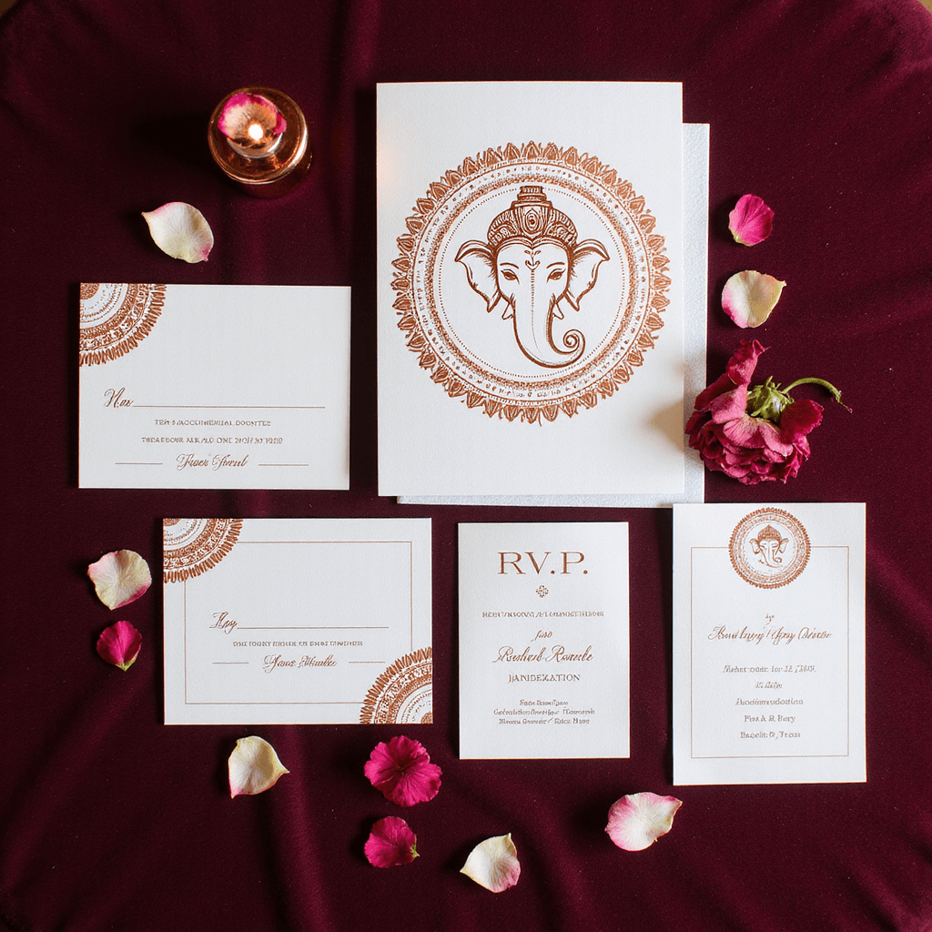 Overhead view of a modern Indian wedding invitation suite on burgundy velvet, featuring a contemporary Lord Ganesh in rose gold foil on pearl white cardstock, with RSVP cards, event booklets, and accommodation details with geometric rangoli patterns, styled with copper accessories and rose petals.