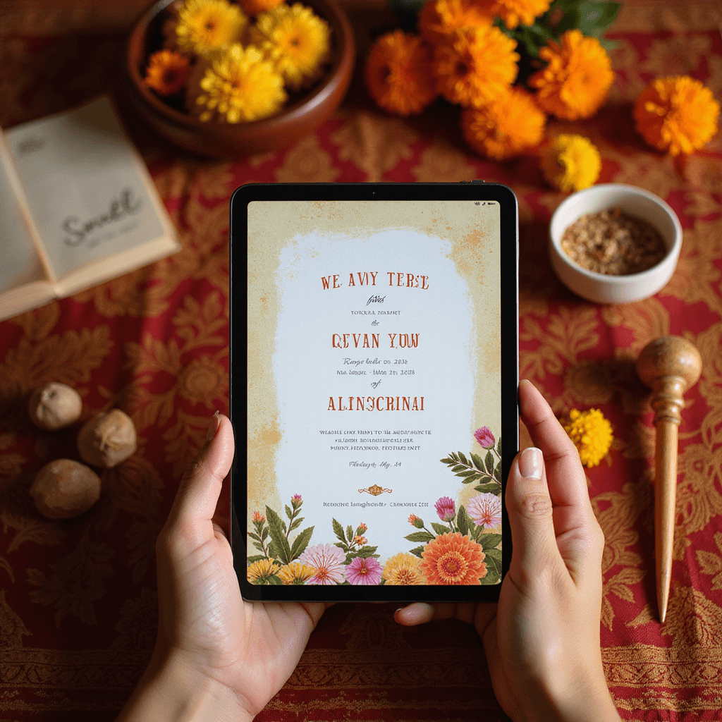 A wide-angle shot of a couple's hands holding an iPad Pro displaying a digital invitation with minimalist typography and classical Indian artwork, set against a traditional textile. Surrounding elements include fresh marigolds, sandalwood items, and wedding planning notes, all bathed in a warm golden hour glow.