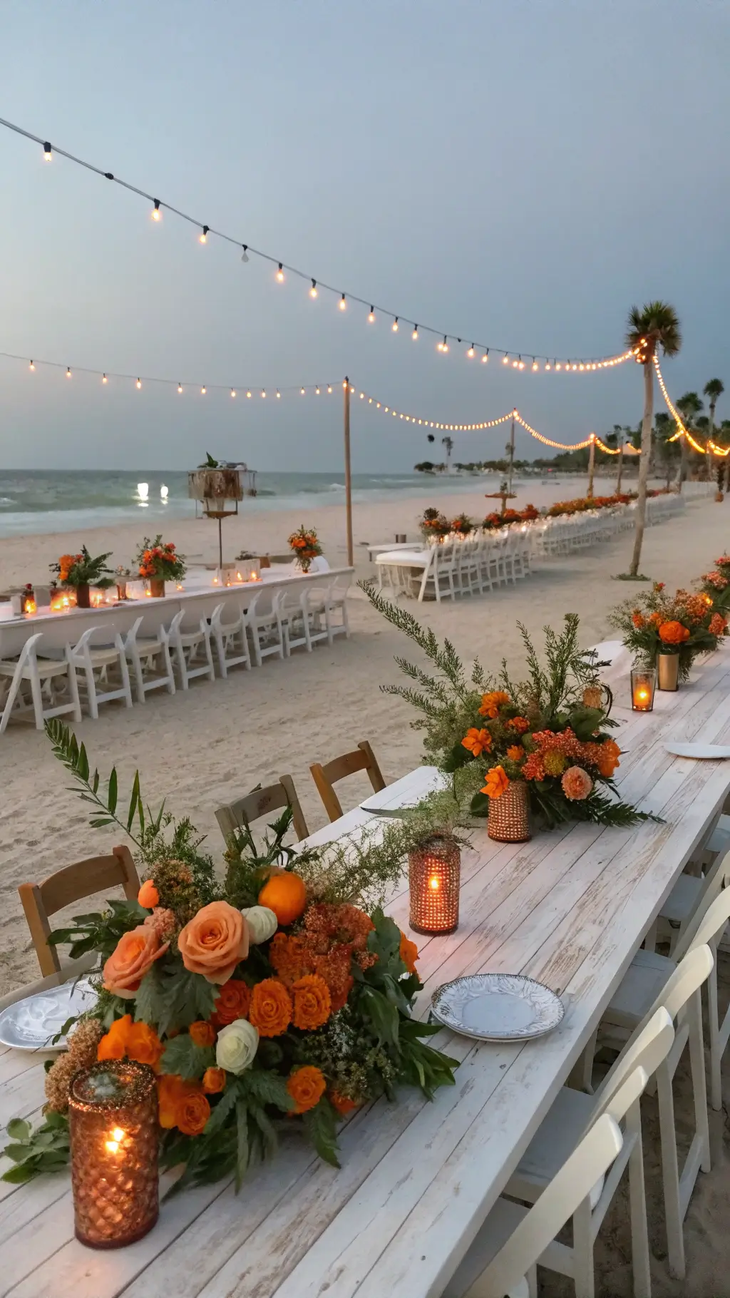 Beachfront celebration with crescent-arranged wooden tables, orange floral and citrus displays in copper urns, illuminated by string lights and candles, featuring ghost chairs and orange silk accents against a twilight sky.