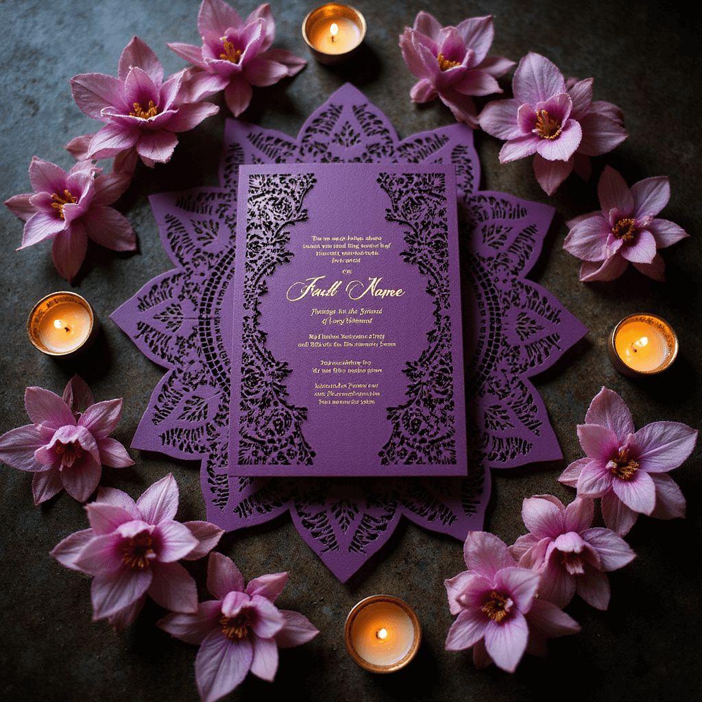 Mandala pattern of laser-cut wedding invitations with deep purple and gold accents, surrounded by orchids and tea lights in dim evening light.