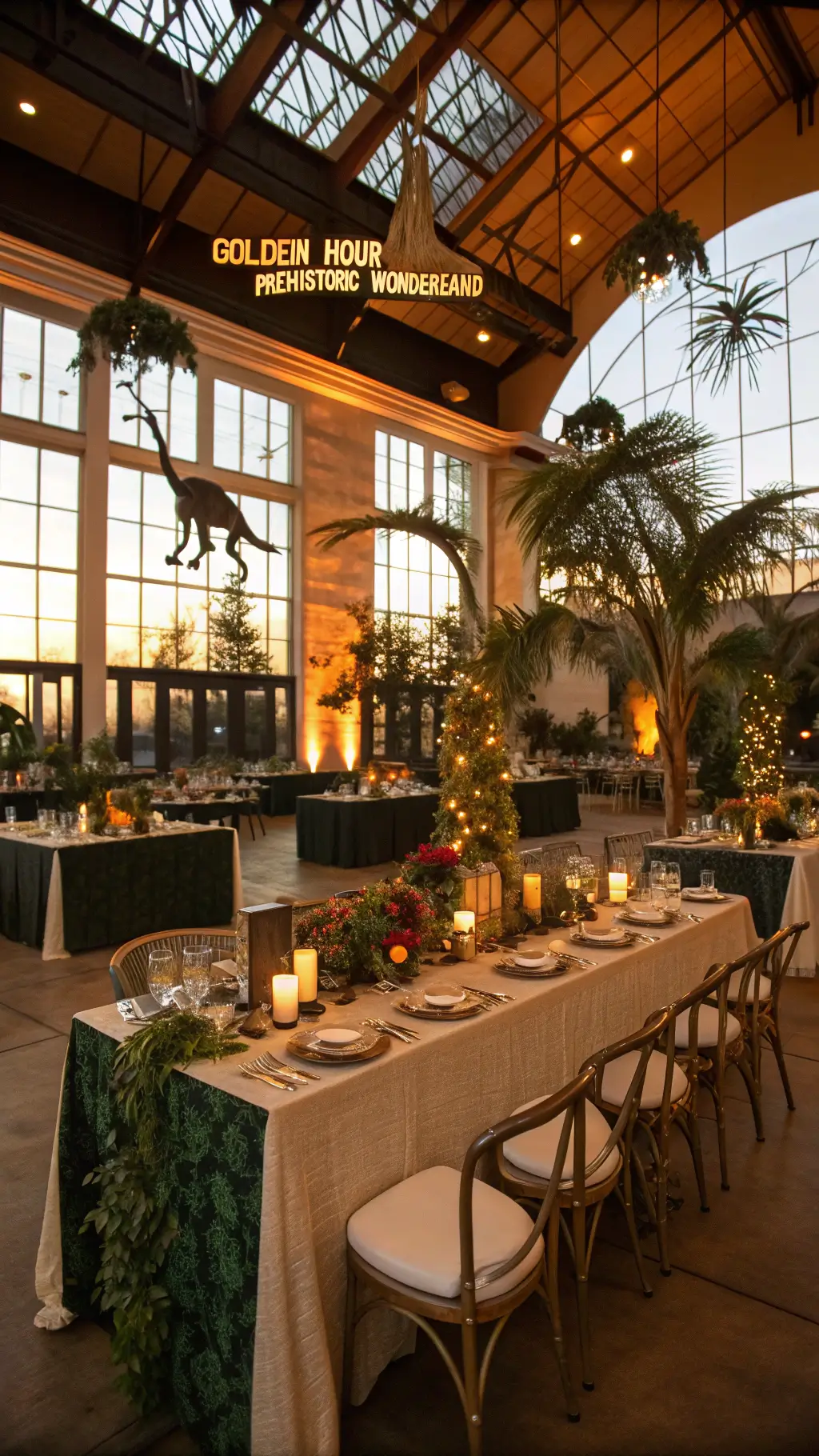 A grand ballroom transformed into a prehistoric-themed scene with warm amber light; hanging greenery and dinosaur silhouettes; tables with moss runners, tropical centerpieces, and elegant place settings; chandeliers draped with vines.