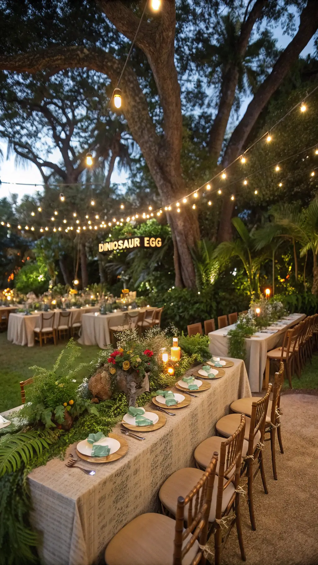 An enchanted garden party setting at dusk with twinkle lights among trees, natural wooden tables with sage linens and bronze accents, and dinosaur egg place cards nestled in ferns; floral installations with tropical foliage; vintage brass telescopes and geological specimens adding whimsy.