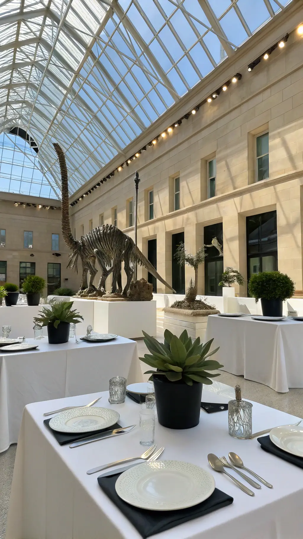 A brightly lit modern museum atrium with a glass ceiling, featuring geometric white tables, chrome dinosaur sculptures, and succulents in black planters, complemented by origami dinosaur napkins, sleek crystal glassware, and industrial pendant lights. dinosaur birthday party