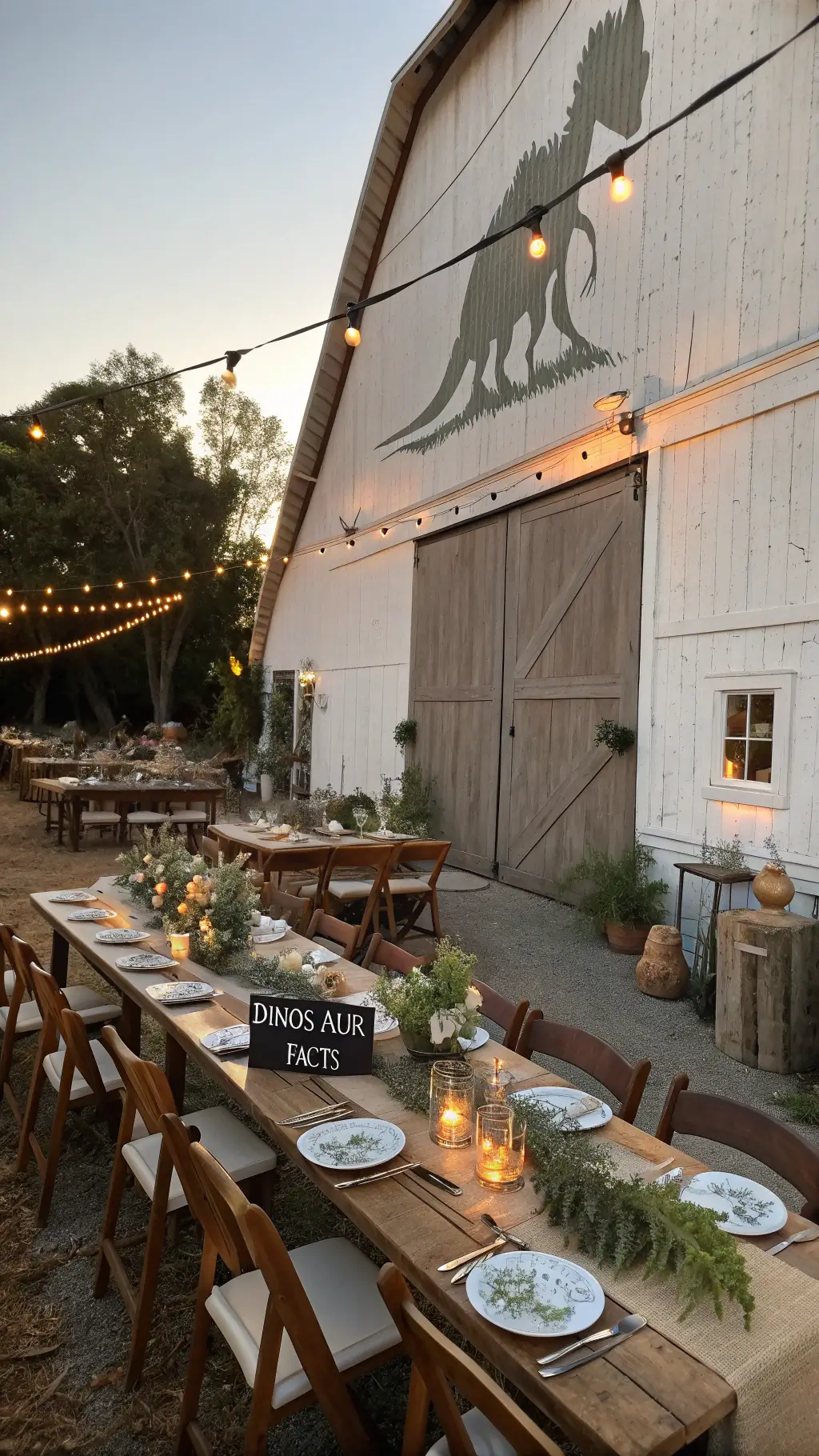 A rustic barn at sunset with dinosaur shadow projections on white-washed walls, featuring wooden tables with burlap runners, fossilized wood centerpieces with ferns and wildflowers, kraft paper placemats with dinosaur facts, and warm lighting from string lights and chandeliers. dinosaur birthday party