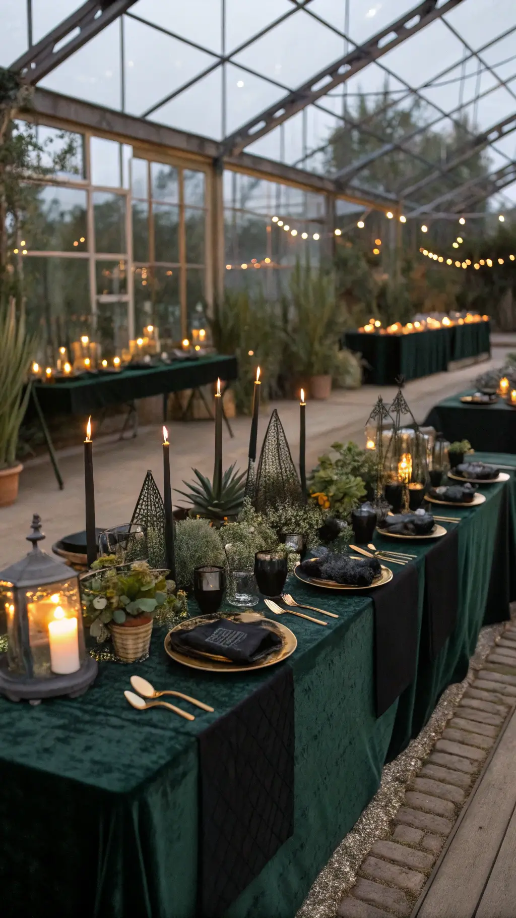 Candlelit greenhouse venue with black candles, green velvet, gold terrariums, and vintage microscopes create a dramatic and mysterious atmosphere. dinosaur birthday party