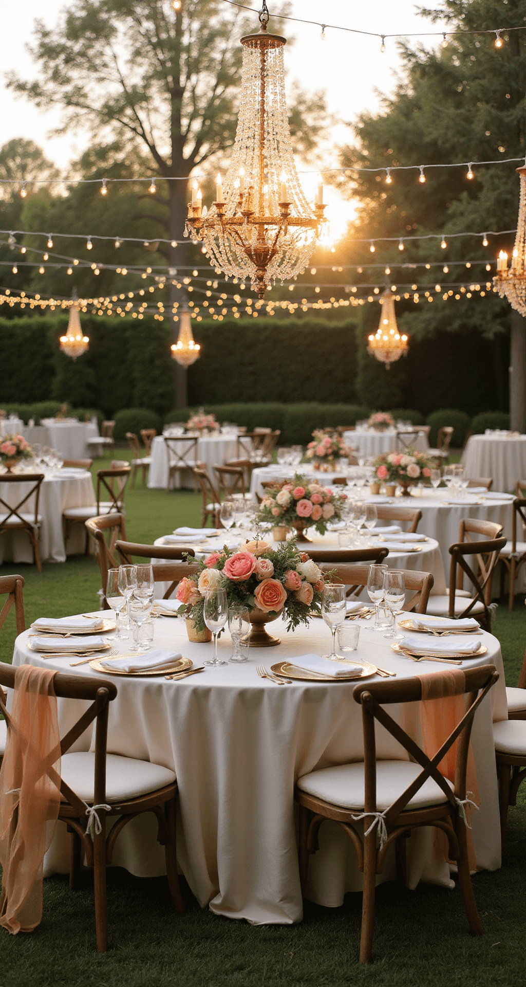Elevated view of a golden-hour garden wedding reception with ivory-draped round tables, crystal chandeliers, lush floral centerpieces, chiffon chair sashes, market lights, wood chairs, and gold-rimmed settings.