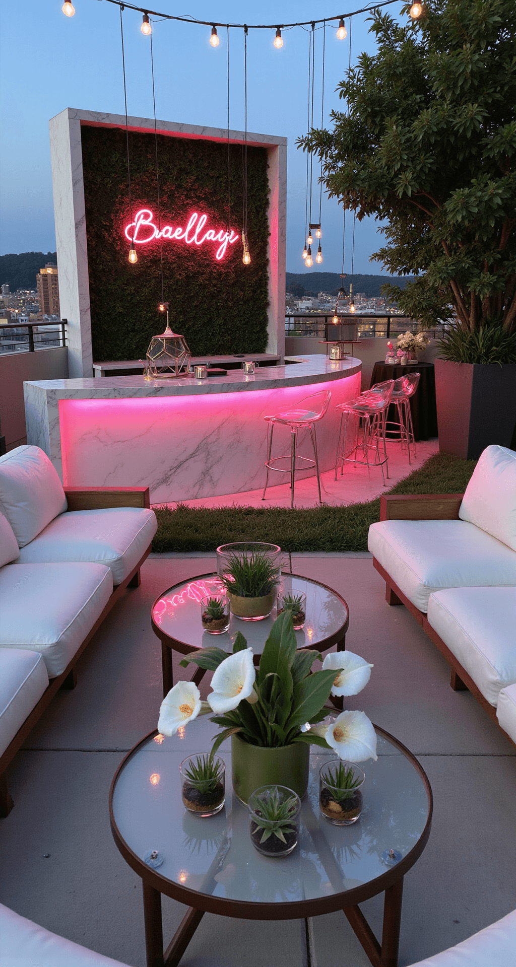A modern rooftop birthday party at twilight with white lounge furniture, a central marble bar, hanging copper terrariums, neon pink signage, ghost chairs, and minimalist floral arrangements.