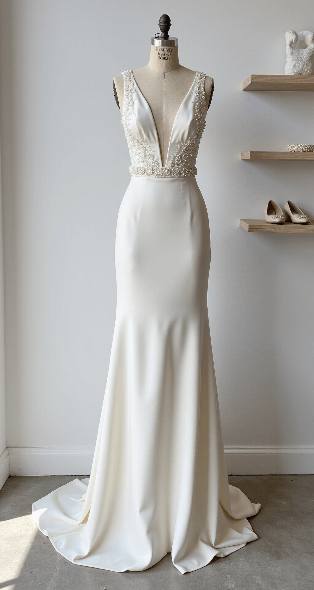 Close-up of an ivory silk trumpet-style bridal gown with subtle beading and architectural seaming, displayed on a designer mannequin in a modern minimalist salon. The setting features bright afternoon light, a clean white backdrop, and floating shelves with curated bridal accessories, including a pearl-studded belt, classic pumps, and a delicate bracelet.