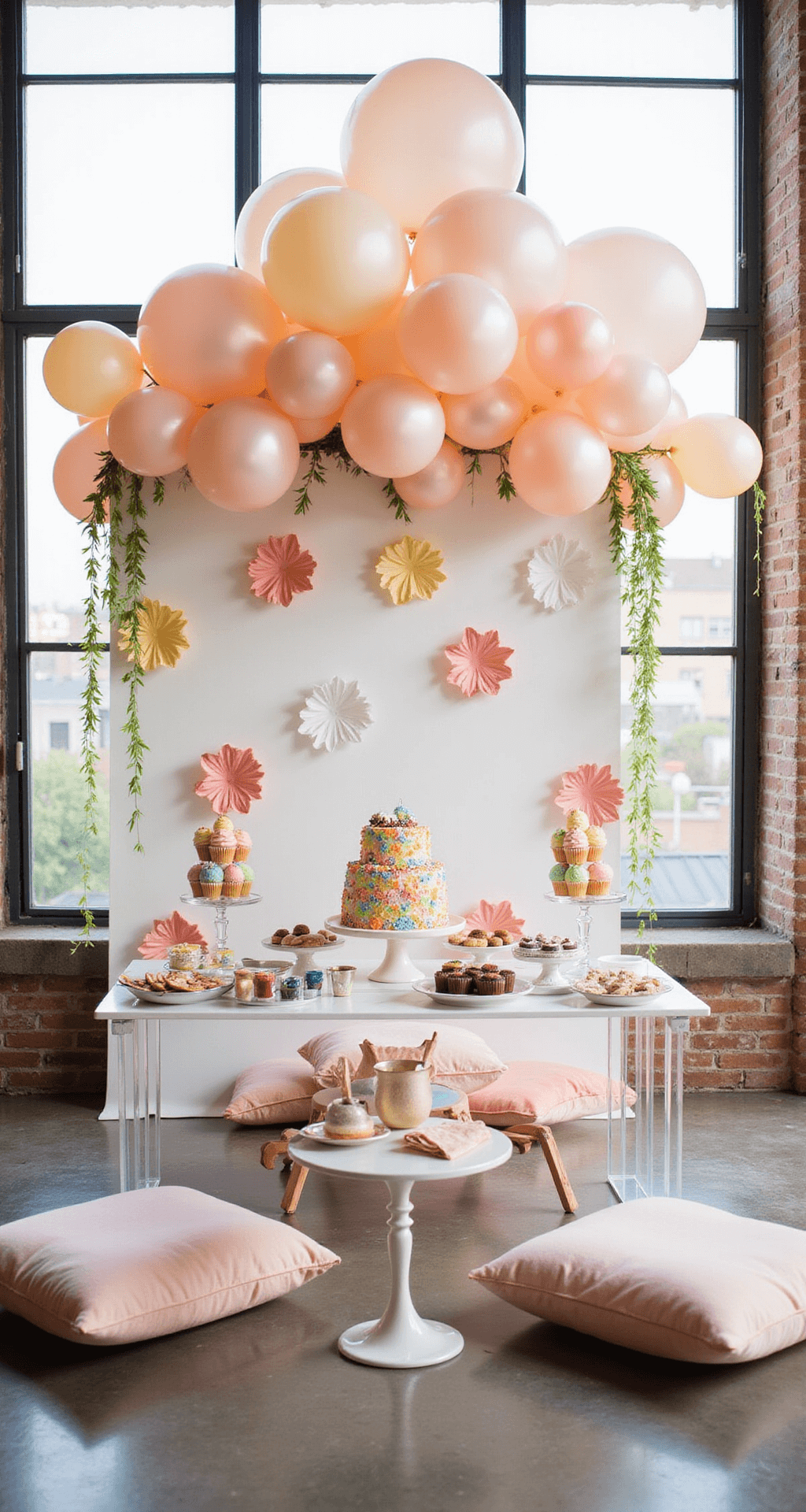 A whimsical children's party in a bright loft with rainbow desserts, balloon clouds, sherbet paper flowers, and craft stations on low tables with velvet cushions.