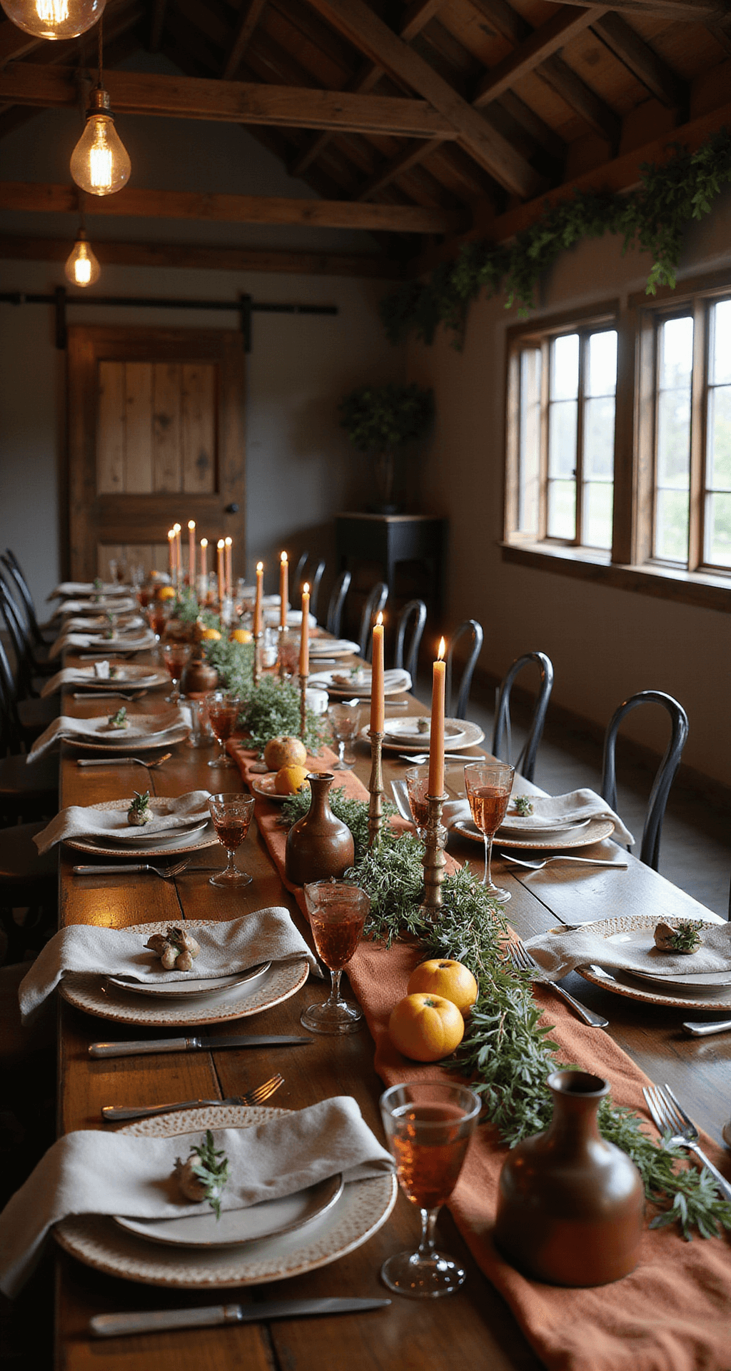 Cozy autumn dinner party setup in a rustic barn with long tables, olive branch garlands, bronze candles, vintage Persian runners, industrial lighting, ceramic plates, terracotta napkins, and displays of seasonal fruits and cheeses.