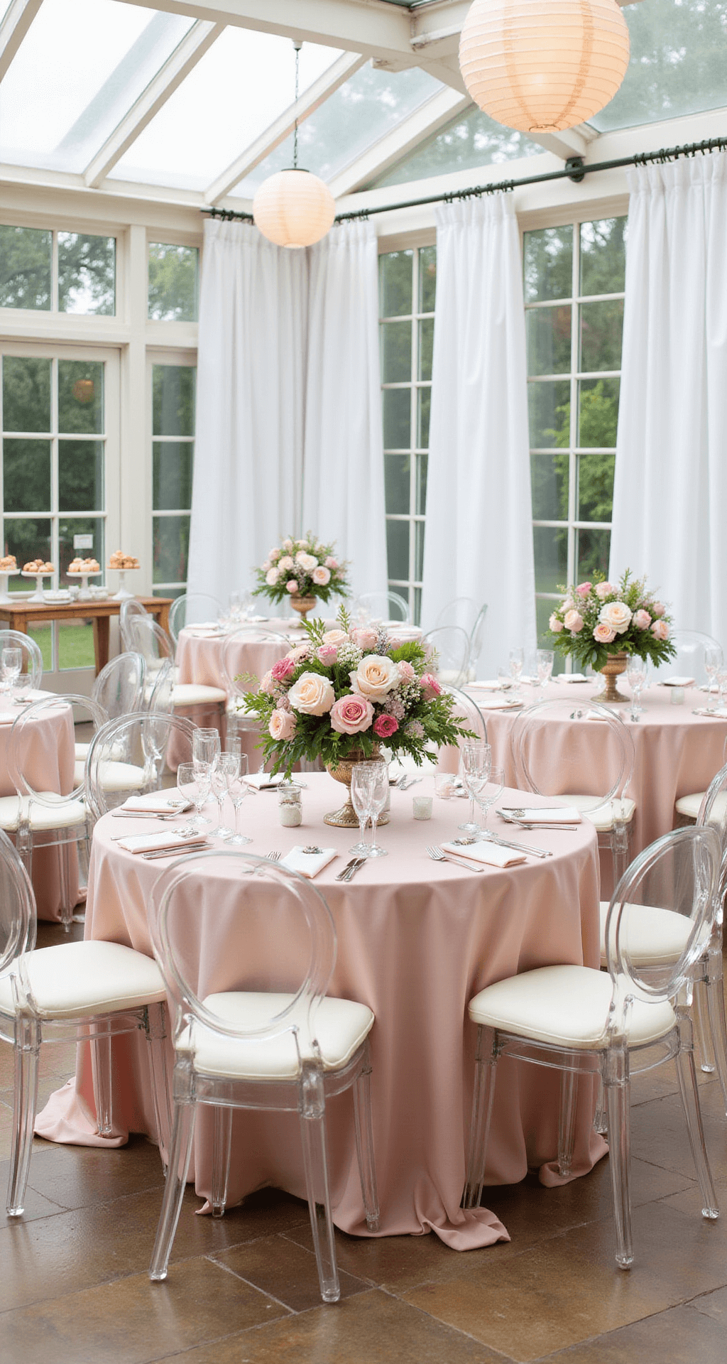 A luxurious baby shower set in a bright conservatory. Round tables are adorned with blush pink silk cloths and topped with fresh garden roses in crystal vases. Ghost chairs with ivory cushions encircle the tables. A dessert cart showcases petit fours on vintage milk glass stands. Sheer white drapes and paper lanterns create a soft, inviting atmosphere.