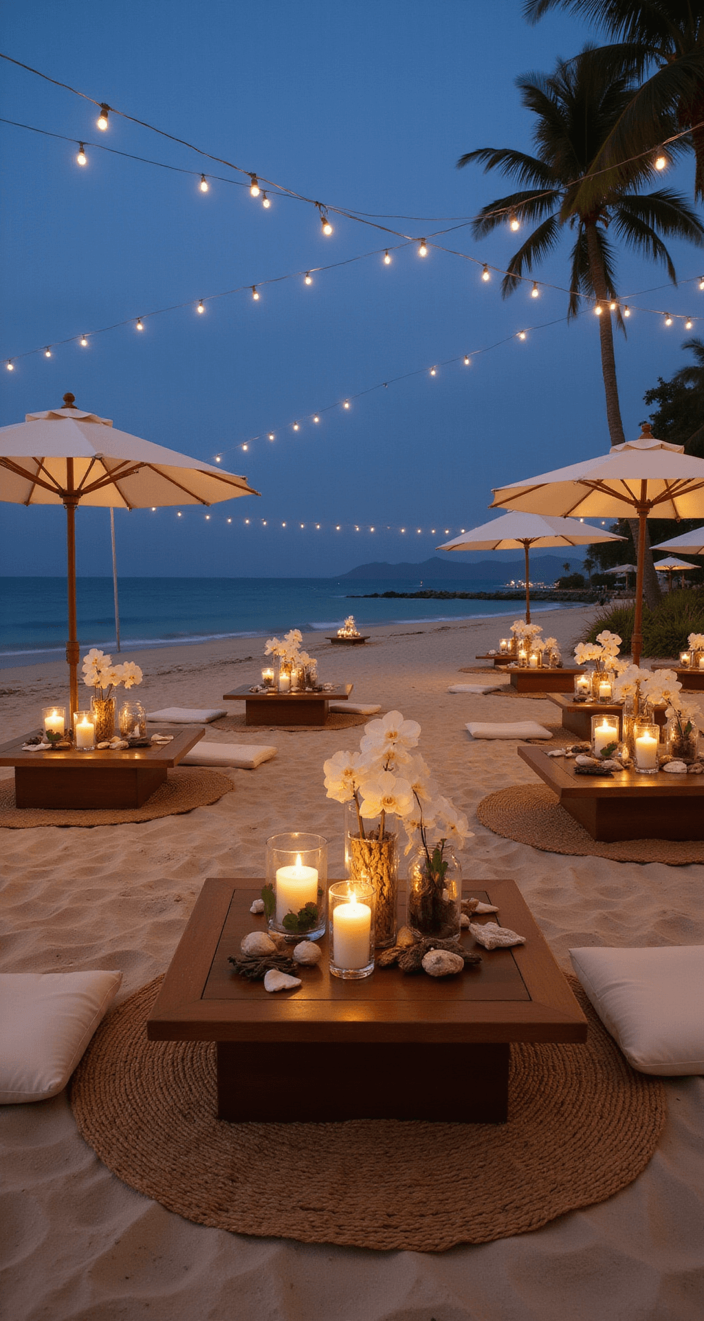 An elegant evening engagement party on a private beach with low wooden tables, ivory floor cushions, and hurricane lanterns, set at blue hour with fairy lights and elegant decor.