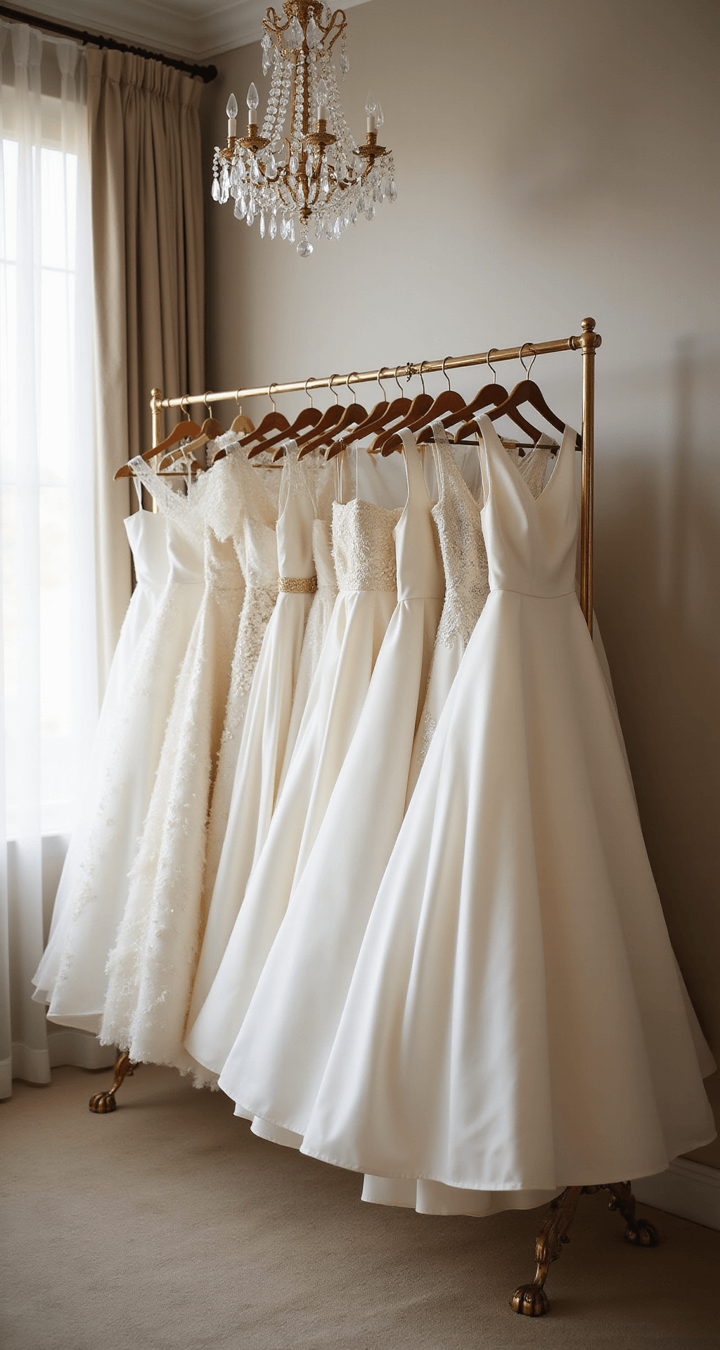Luxurious dressing room with soft morning light filtering through sheer curtains, showcasing classic dress silhouettes on brass racks in shades of white and ivory, including A-line, ball gown, and sheath styles. Various textures of silk mikado, duchess satin, and tulle are highlighted, with a crystal chandelier casting elegant shadows above.