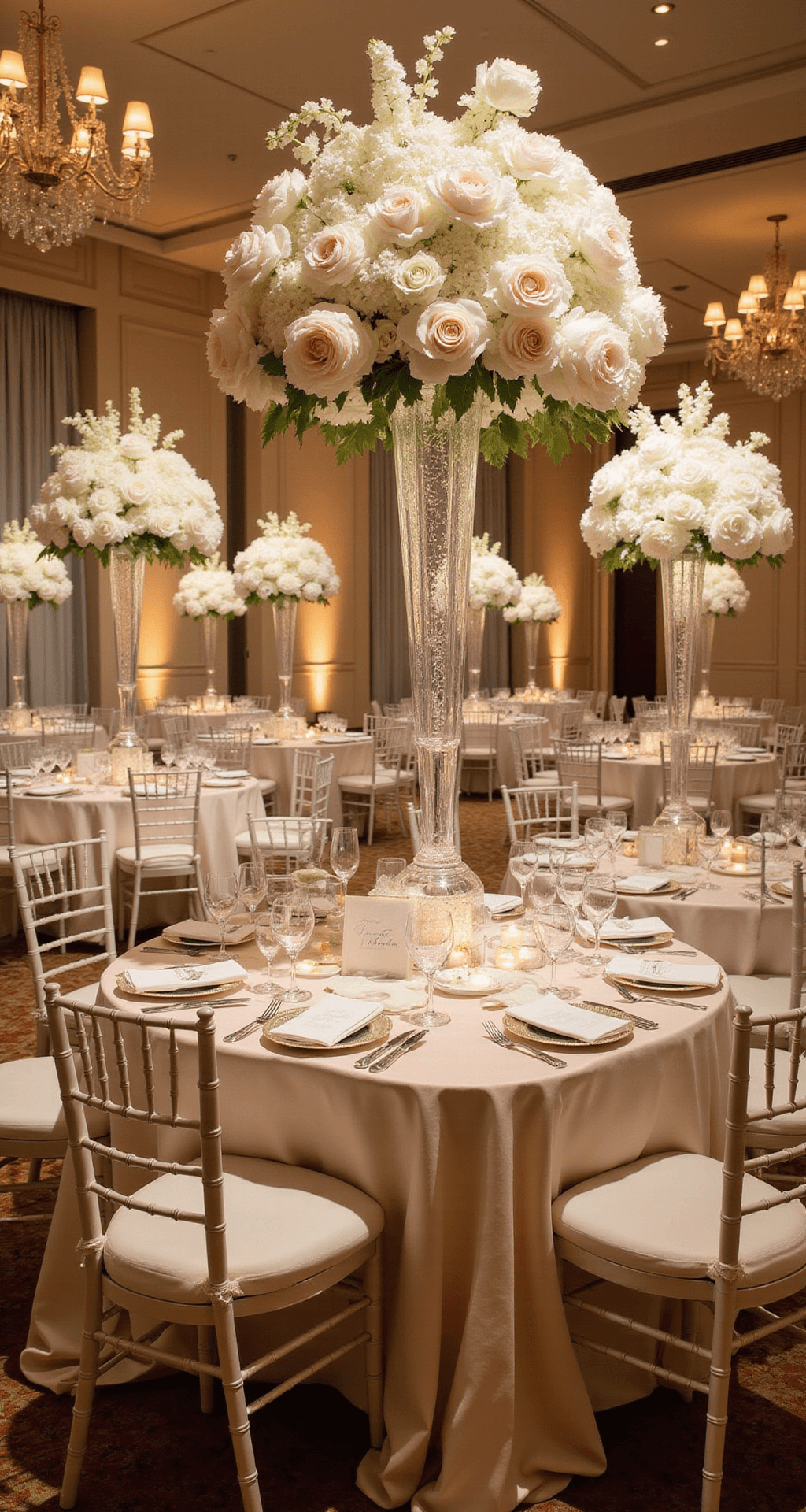 Elegant ballroom wedding reception with grand floral arrangements and soft champagne lighting.