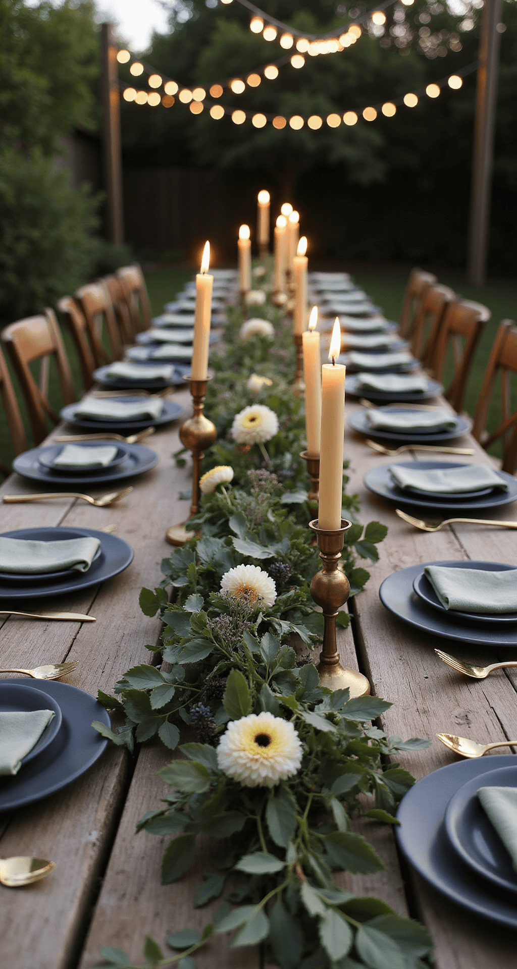 A rustic wooden table set for an intimate garden wedding at dusk, featuring a 20-foot floral runner with ranunculus, anemones, and eucalyptus, adorned with vintage brass candlesticks and twinkling cafe lights overhead.