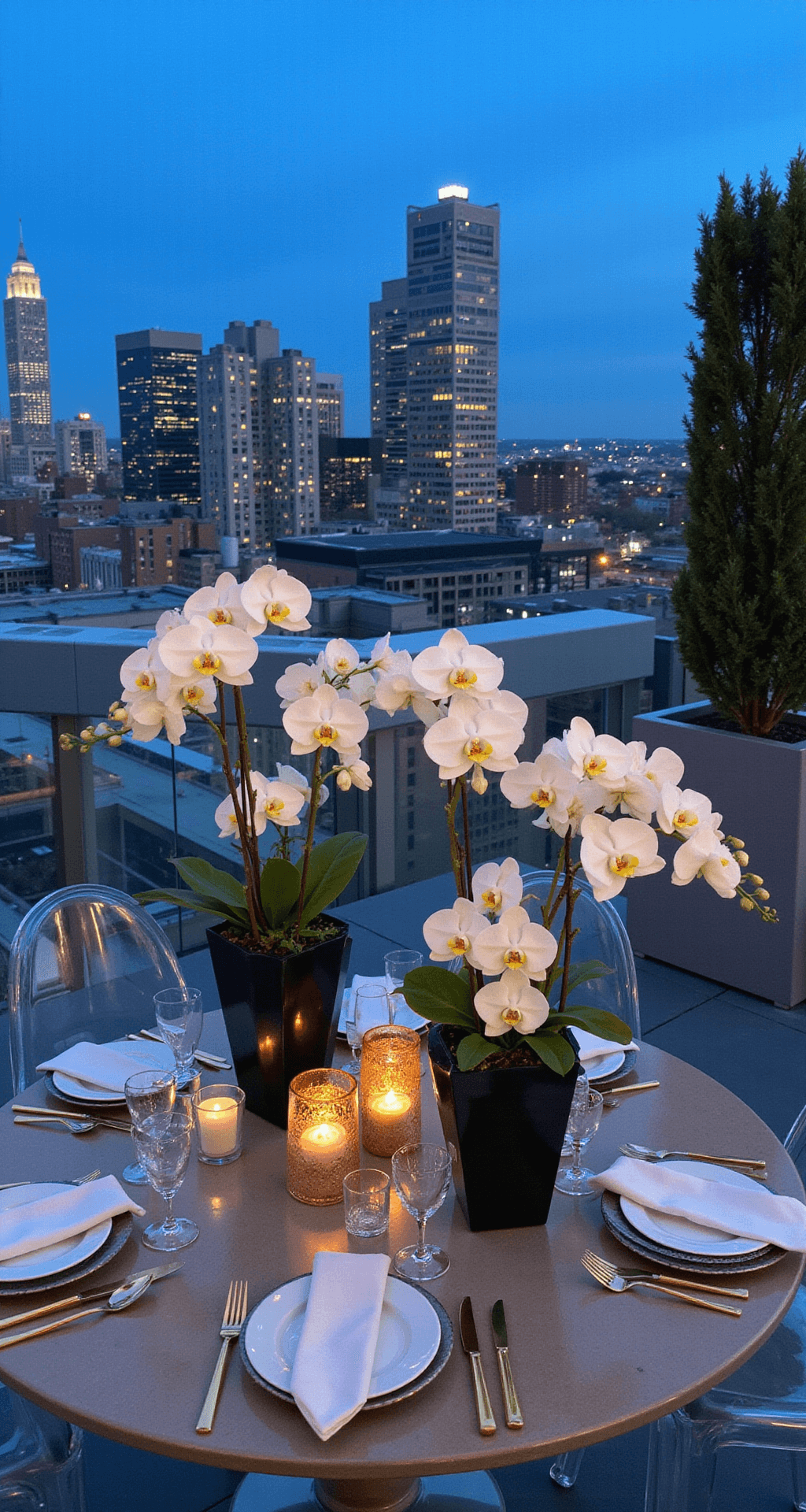 A modern rooftop reception at blue hour with minimalist centerpieces of white orchids in tall black vases, surrounded by clear ghost chairs and glass chargers on concrete tables, with city skyline in the background and cool white uplighting highlighting rose gold accents.