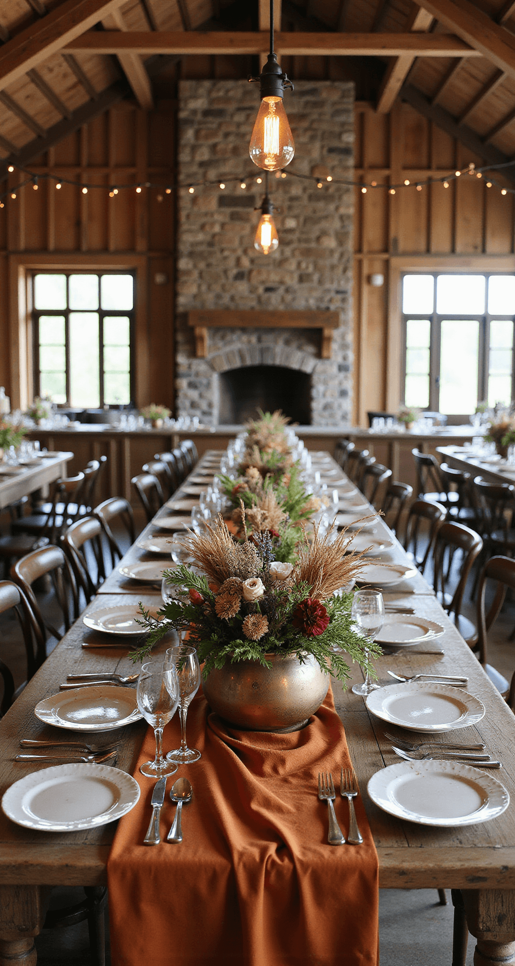 Rustic barn celebration with wildflower centerpieces in copper vessels, vintage china, crystal goblets, terracotta silk runners, and Edison bulbs overhead.