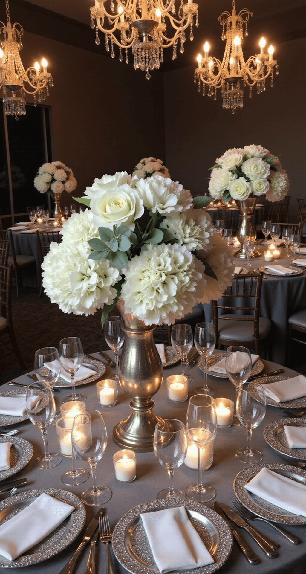 Elegant winter wedding table setting with white hydrangea, rose, and eucalyptus centerpieces in mercury glass, pewter velvet tablecloths, silver chargers, and frosted votives, illuminated by crystal chandeliers in moody lighting.